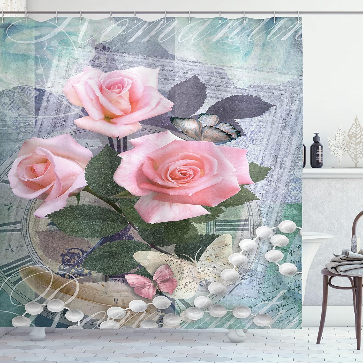 Ambesonne Pearls Shower Curtain, Classic Rose and Pearls Romantic Dramatic Love Together Grace Bouquet Artwork, Cloth Fabric Bathroom Decor Set with Hooks, 69" W x 70" L, Pink Grey