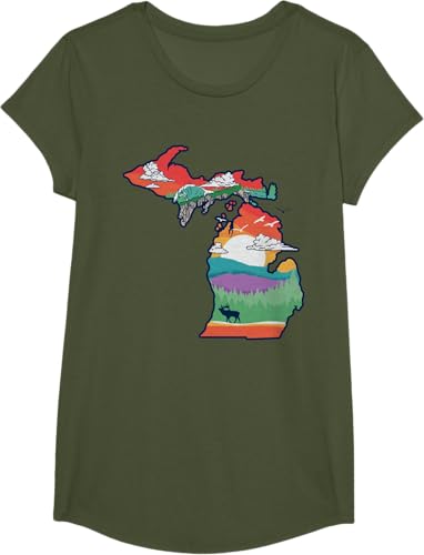 Miniatura 16 de Michigan Outside Vintage Nature Illustration Artistic T-Shirt Slate Grey,White,Baby Blue,Red,Silver Grey,Dark Green,Kelly Green,Olive Green,Lemon