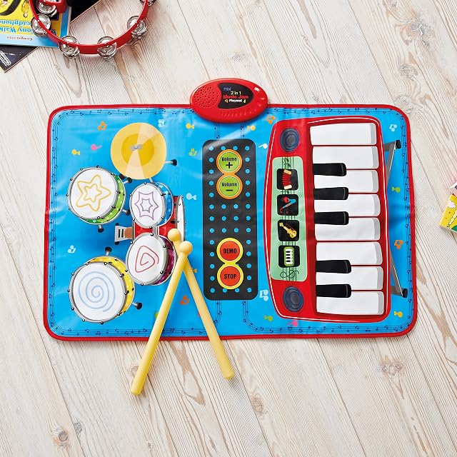 Global Gizmos 50770 2-in-1 Musical Childrens Play Mat / Features Keyboard & Drum Set / Change Instrument Sounds / Built-In Demo / Creative Toy For Kids