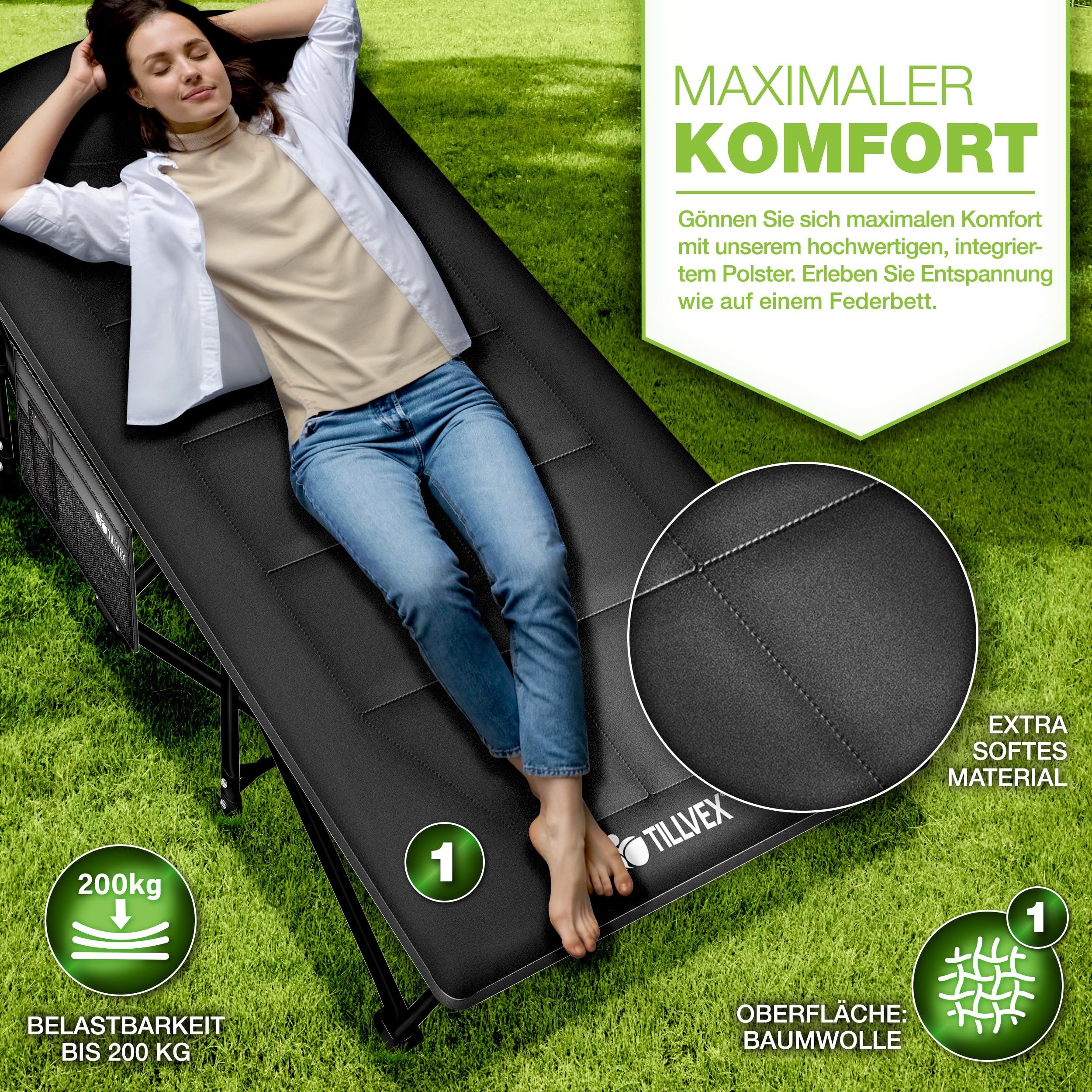 tillvex® Cama de Camping Plegable con Bolsa de Transporte de Hasta 200 kg | Tumbona Extra Ancha para Exteriores e Interiores | para Invitados y Jardín