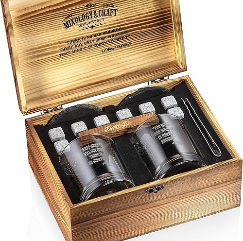 Miniatura 9 de Mixology - Juego de regalo de piedras de whisky para hombre, paquete de 2, vasos de whisky de 10 onzas con 8 rocas de granito, 2 posavasos, pinza de