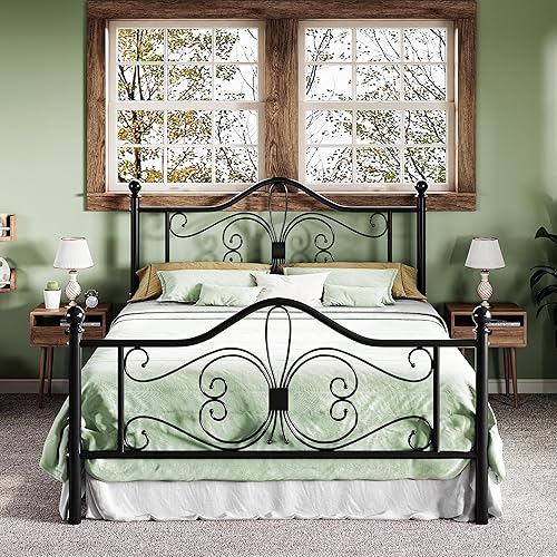 Allewie Base de cama de tamaño matrimonial con cabecero, marco de cama de metal con cabecero y estribo de diseño de mariposa, no necesita somier,