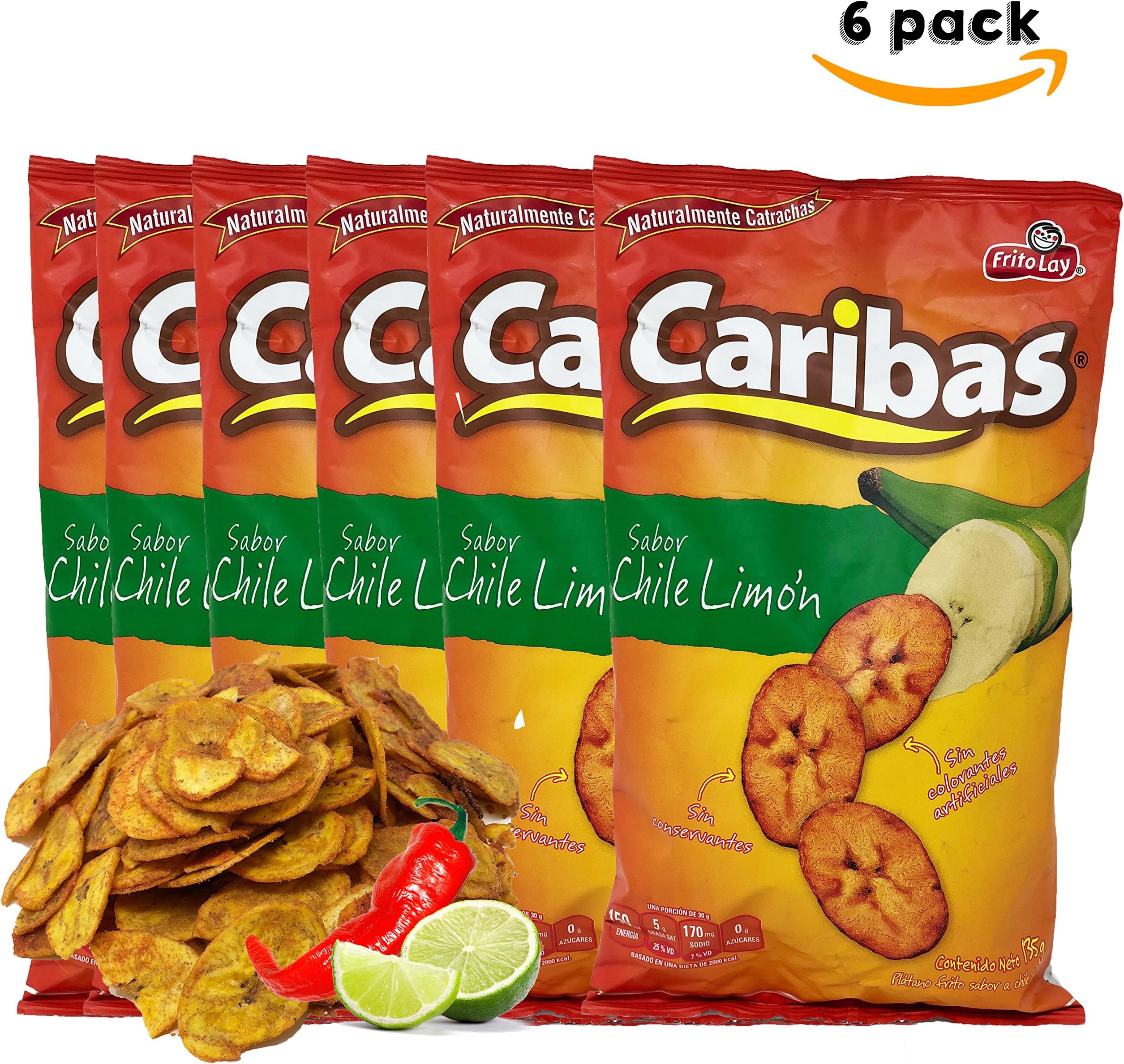 Caribas Plantain Chips: Fried Plantain Chips With Chili and Lime| Source Of Fiber | No Preservatives | 135 g (4.7 ounces) 6 pack