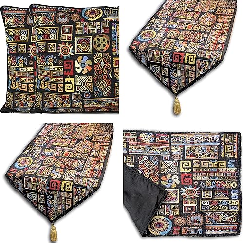 DaDa Bedding - Paquete de 8 manteles individuales para mesa de comedor, estilo étnico, bohemio, decoración geométrica de lino y algodón negro, 4