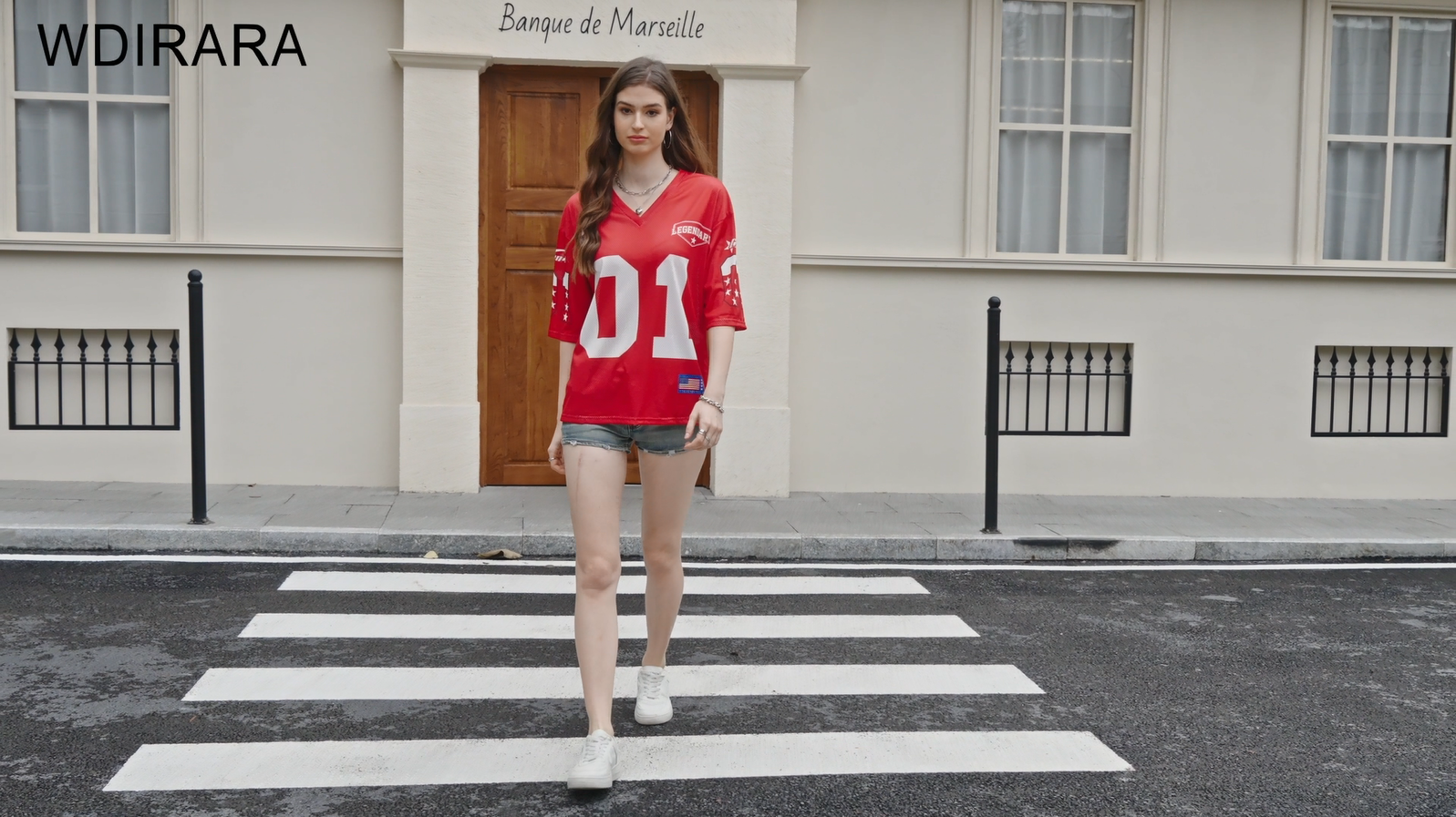WDIRARA Women's Oversized Jersey Shirts Number Graphic Tee V Neck