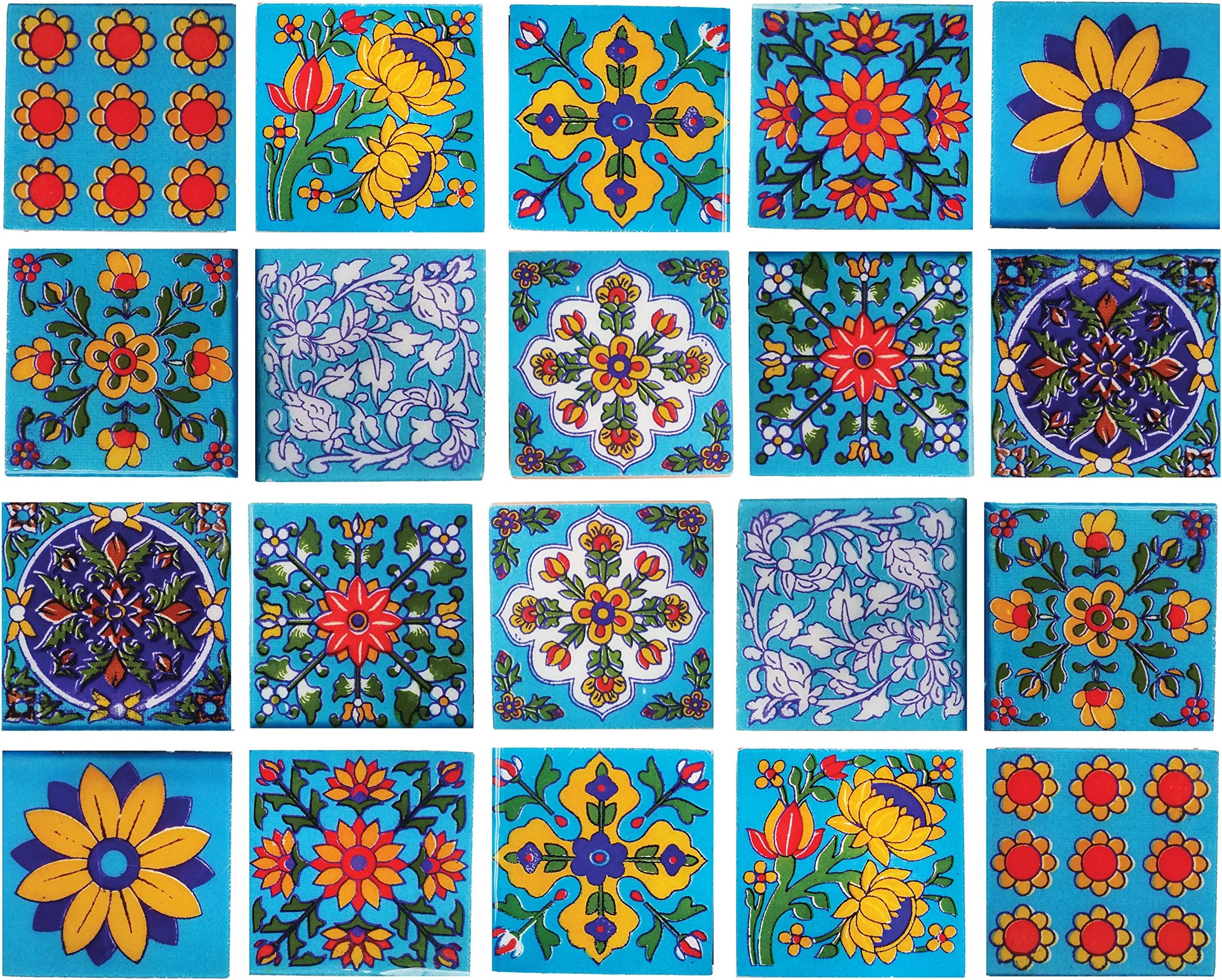 Shiv Kripa Blue Pottery Floral Decorative Flooring Wall Crafted Tabletop Interior Exterior Traditional 2 x 2 inch Tiles Pack of 20 Tiles (Sky Blue & Multi)