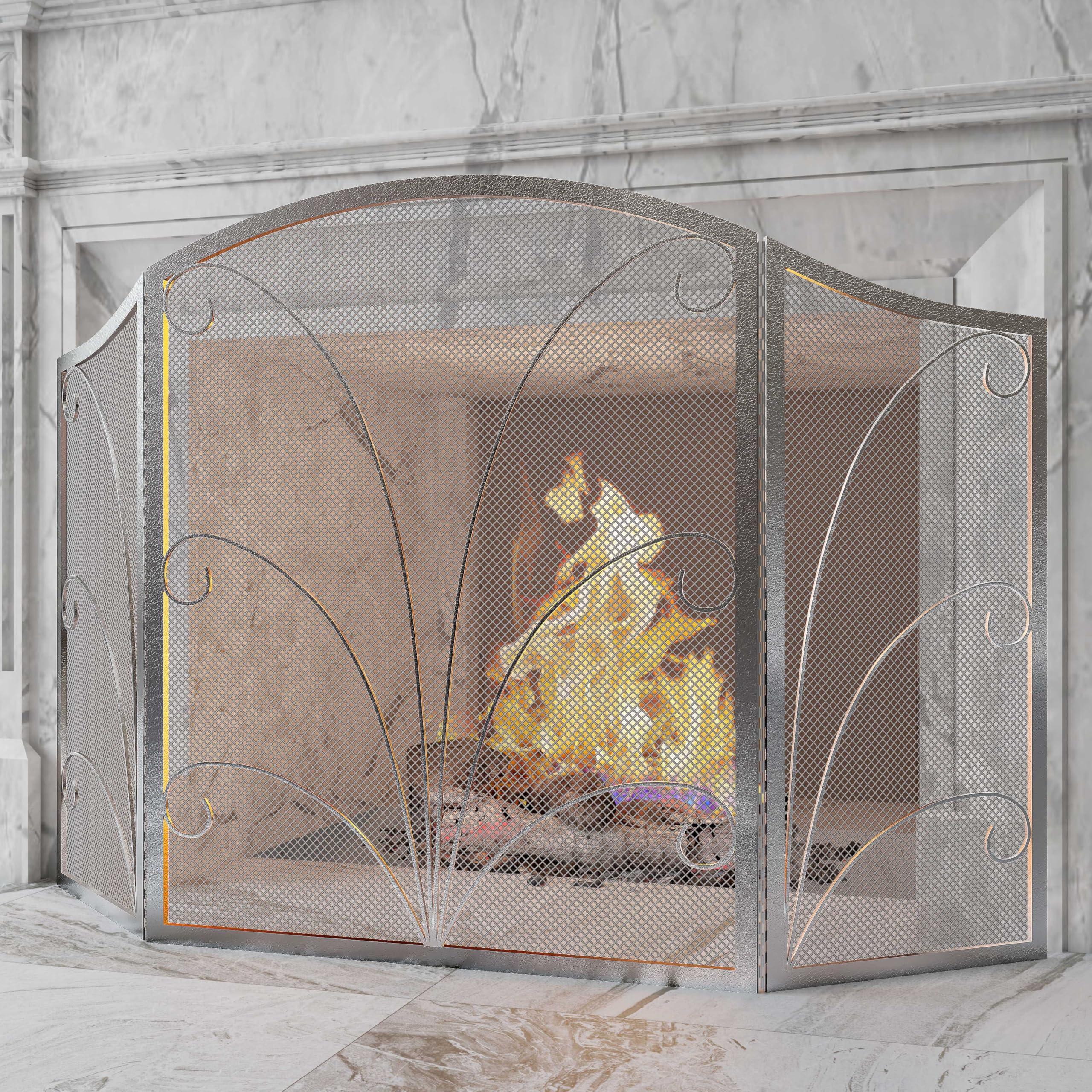 Kingson 3-Panel Arched Fireplace Screen Decorative, Handcrafted Scroll Wrought Iron Fireplace Spark Guard Cover -Pewter Spotted