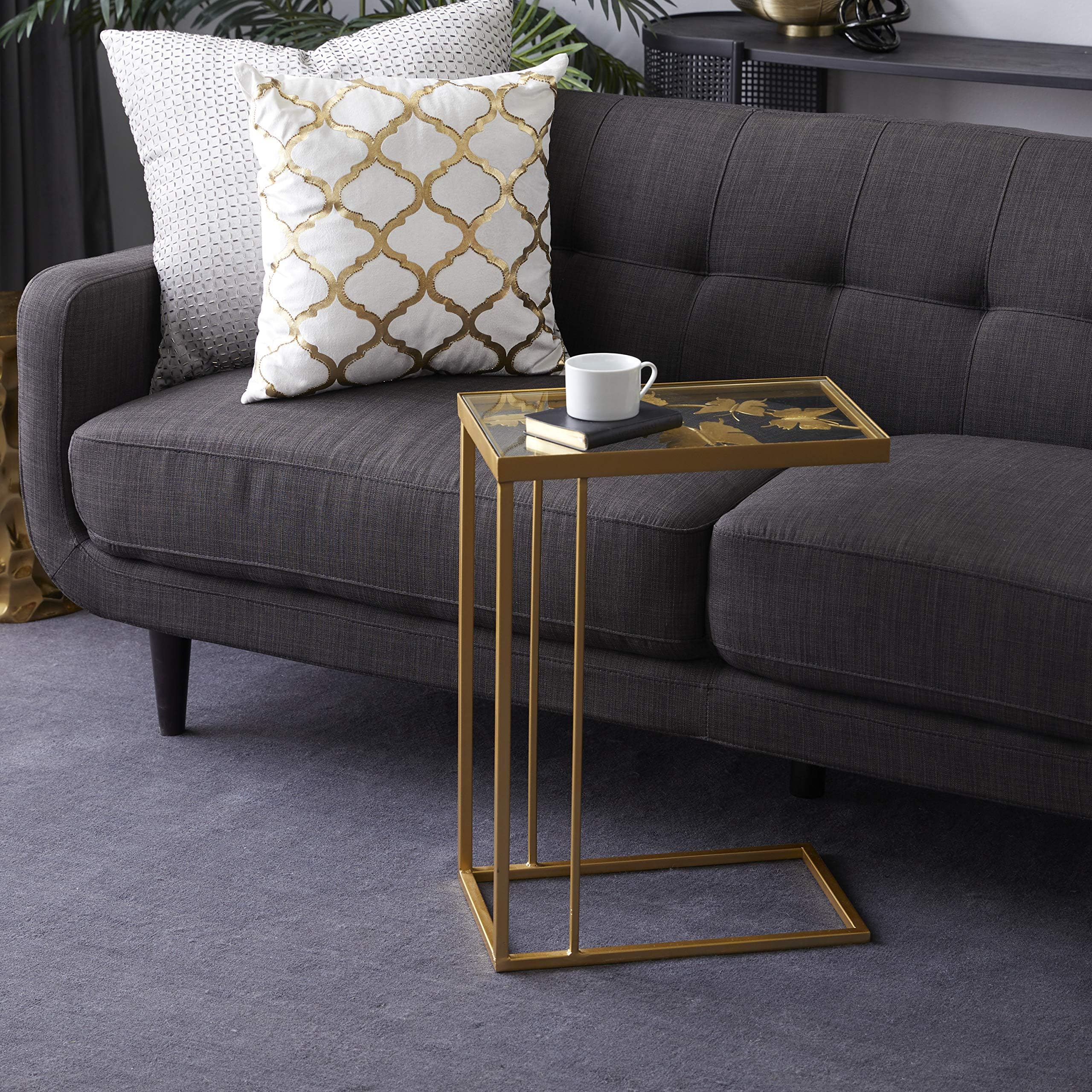Deco 79Metal Side End Accent Table End Table with Clear Glass Top, Side Table 18" x 11" x 25", Gold