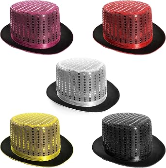Adults Sequin Top Hat - Pack of 1 - Black Satin With Sequins on Top - Perfect for Magical Shows, Stage Productions, Ringmaster Hat, Hen Night and Other Fancy Dress Events