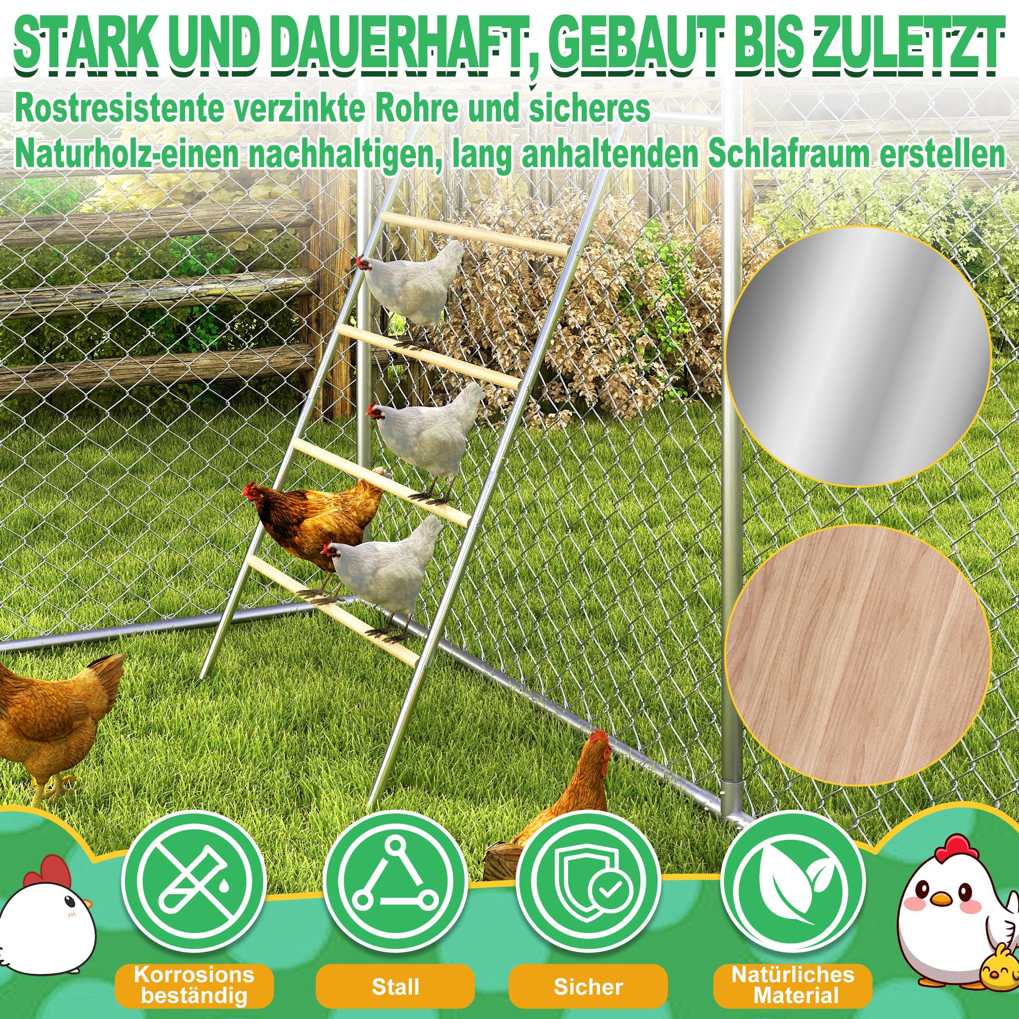 Froadp Scala a 4 gradini con posatoio - 140 x 105 cm - Costruzione in legno e tubo in acciaio galvanizzato - Area di gioco ideale per pollaio e accessori