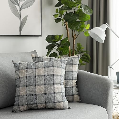 UGASA - Juego de 2 fundas de almohada clásicas de lino a cuadros de otoño, fundas de cojín decorativas de lino a cuadros retro para sofá, cama,