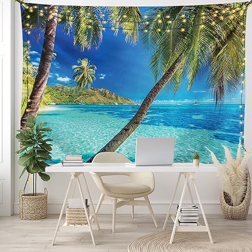 Miniatura 6 de Ambesonne Tapiz de océano, imagen de una isla tropical, tema de playa, estampado de palmeras y mar claro, decoración de tela para colgar en la pared