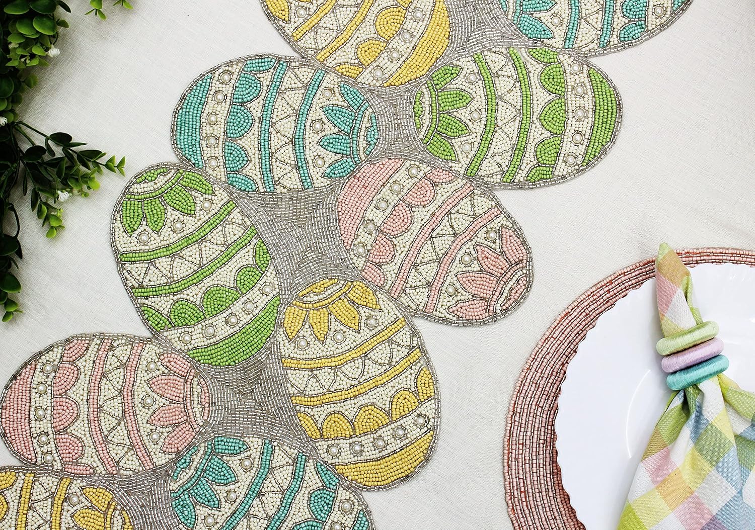 COTTON CRAFT Happy Hunting Handmade Beaded Table Runner - Spring Easter Eggs Bunny Rabbit - Luncheon Dinner Celebration Festive Party Tabletop Décor Tablerunner - 13x36 - Aqua Multi