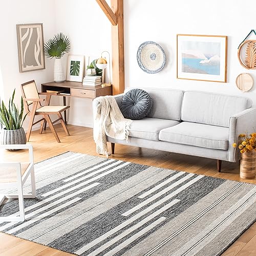 Miniatura 4 de SAFAVIEH Striped Kilim Collection STK506A - Alfombra de algodón de tejido plano hecho a mano de 5 x 8 pies, color marfil y negro