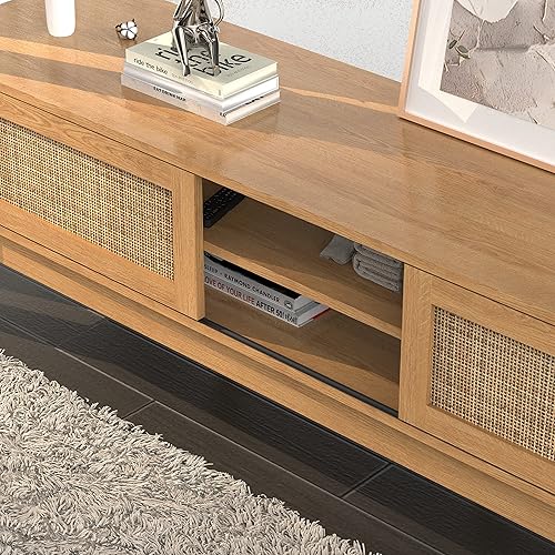 Miniatura 6 de Xilingol Soporte de TV con puertas corredizas de ratán, soportes de televisión de perfil bajo para televisores de hasta 65 pulgadas, moderna consola