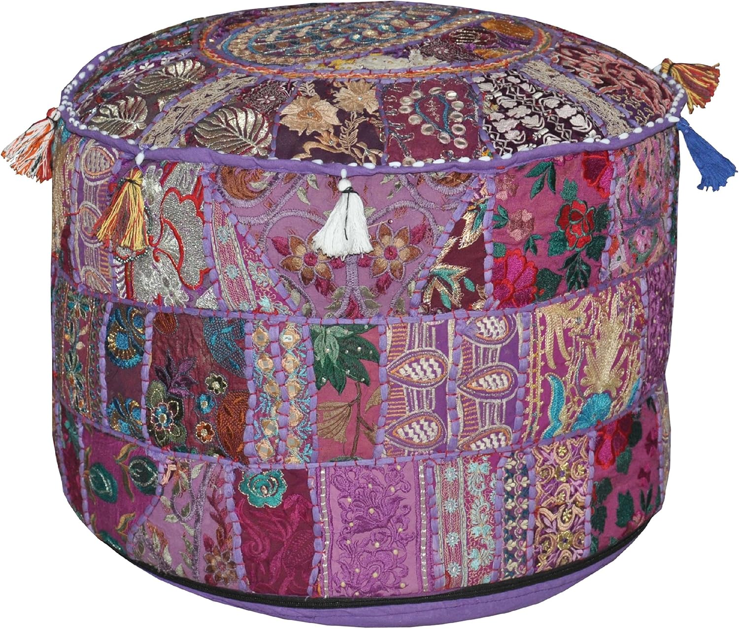 Indian Vintage Ottoman Embellished with Embroidery & Patchwork Foot Stool Floor Cushion Cover, 23 X 13 Inches
