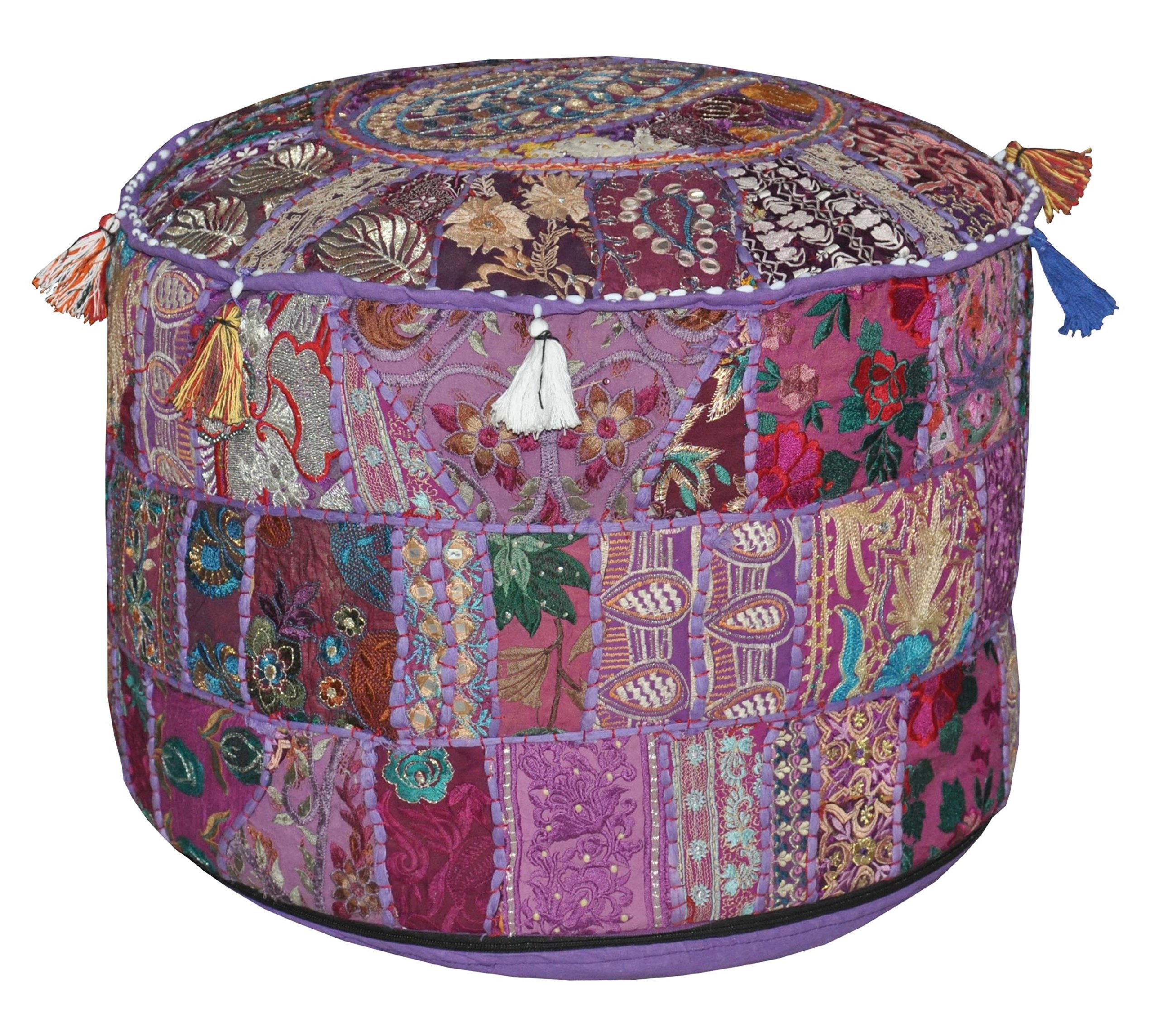 Rajasthali Indian Vintage Ottoman Embellished with Embroidery & Patchwork Foot Stool Floor Cushion Cover, 23 X 13 Inches