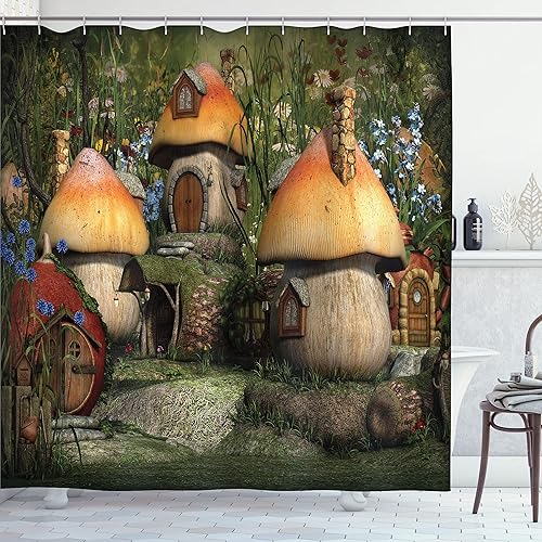 Miniatura 56 de Ambesonne Cortina de ducha amarilla, inspirada en pícnic, temática de los años 50, 60 y 70, estampado de lunares retro, juego de decoración de baño