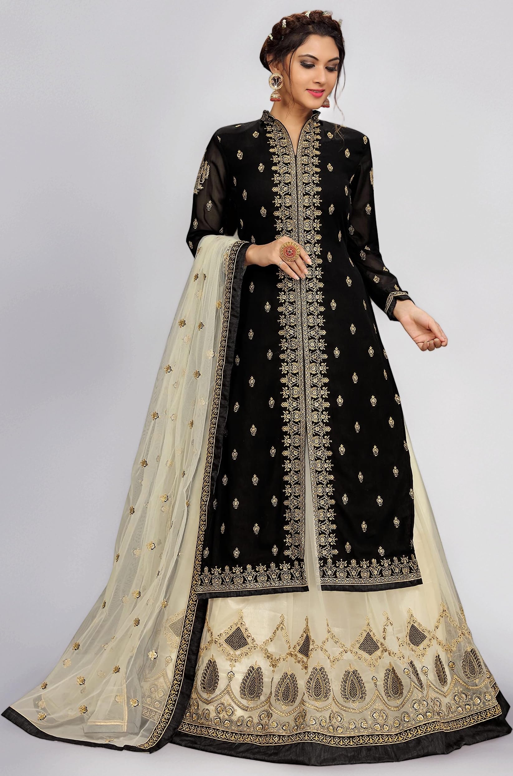 TRENDMALLS Women's Georgette Net Embroidery Salwar Suit Set Kurta Lehenga with Dupatta Maroon