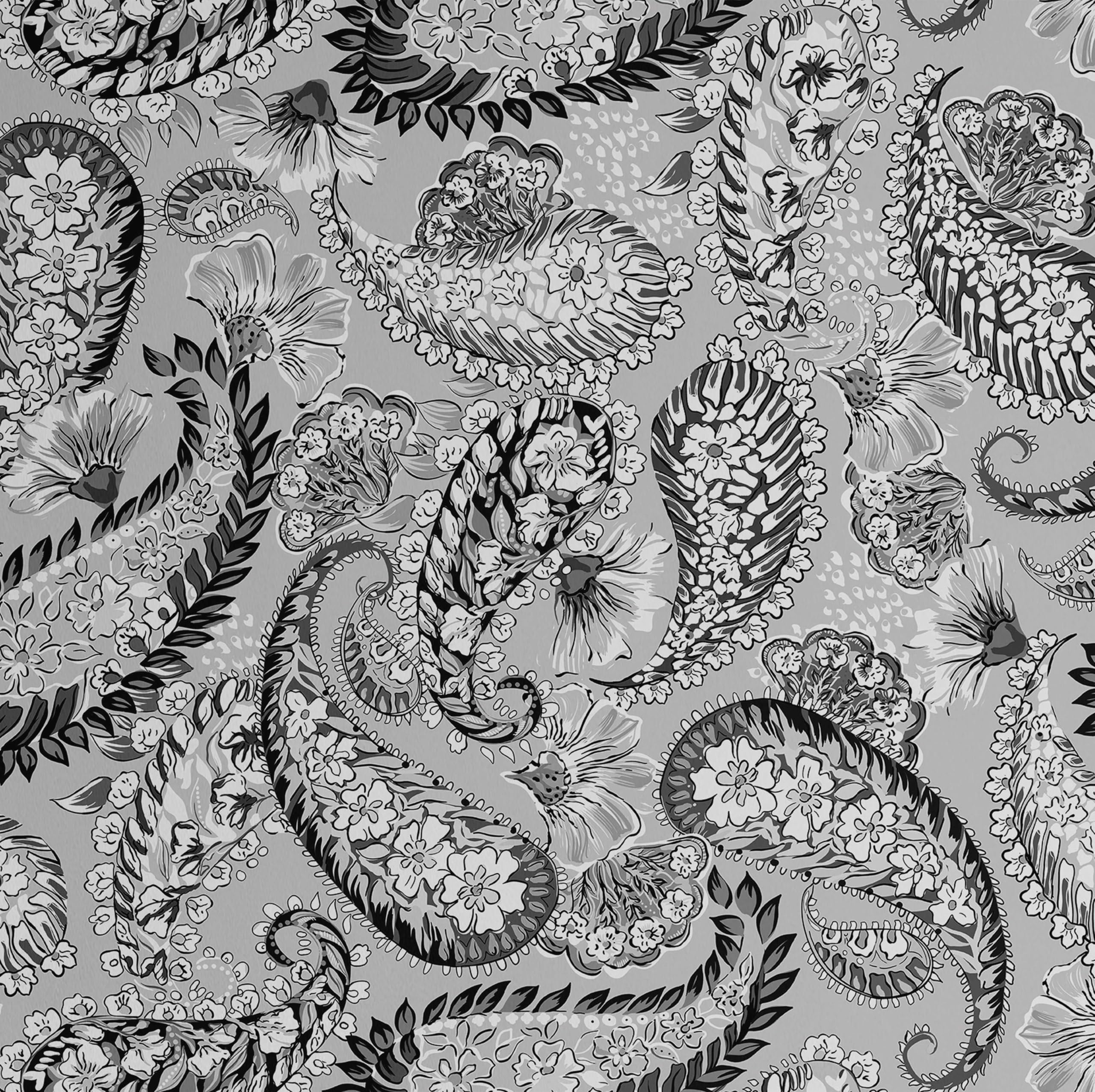 Papel pintado con estampados florales gris y revestimiento de paredes de vinilo