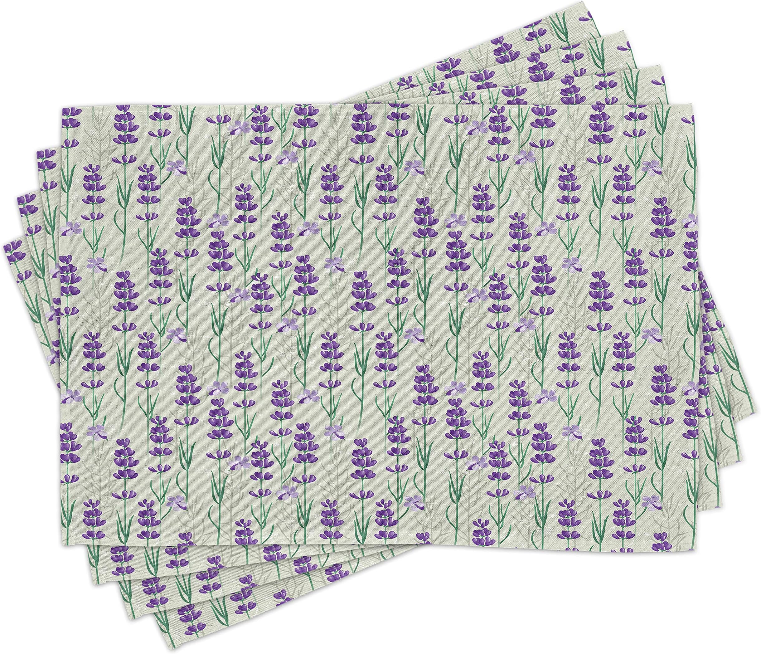 ABAKUHAUS Lavender Place Mats Set of 4, Fresh Herbs Botanical, Washable Fabric Placemats for Dining Room Kitchen Table Decor, Pale Sage Green Violet