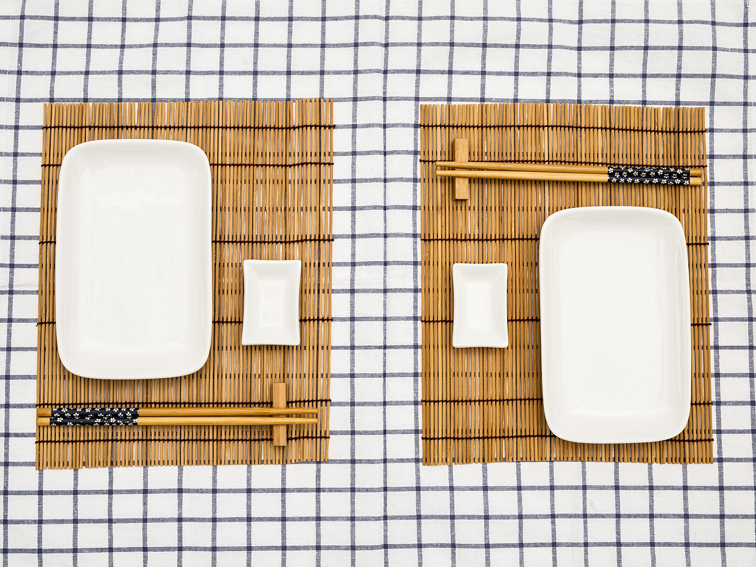 Exzact Set Sushi Stile Orientale – 10 Pezzi: 2 Piatti Sushi, 2 Vassoi per Salsa, 2 Stuoie di Bambù, 2 Coppie di Bacchette in Bambù