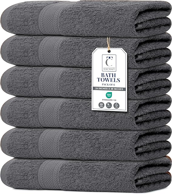 Ensemble de serviettes de bain 6 – 100% Coton Terry – 24" x 48" – Sécher rapidement, doux & Très absorbant – Serviettes de bain grises, Salle de gym, Spa, Piscine & Voie quotidienne