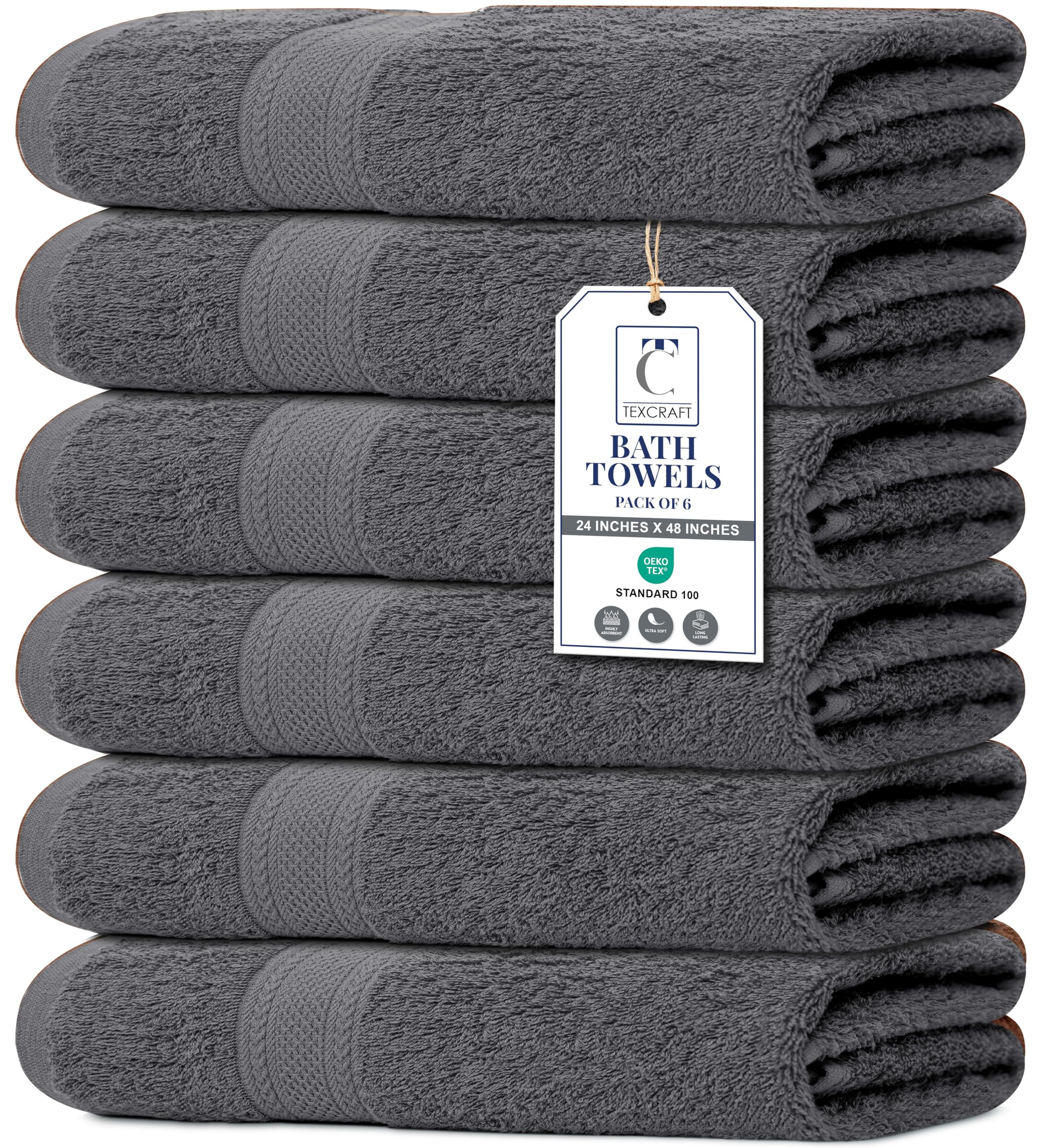 Medium Size Bath Towels Set of 6 – 100% Cotton Terry – 24" x 48" – Quick Dry, Soft & Highly Absorbent – Grey Towels for Bathroom, Gym, Spa, Pool & Daily Use