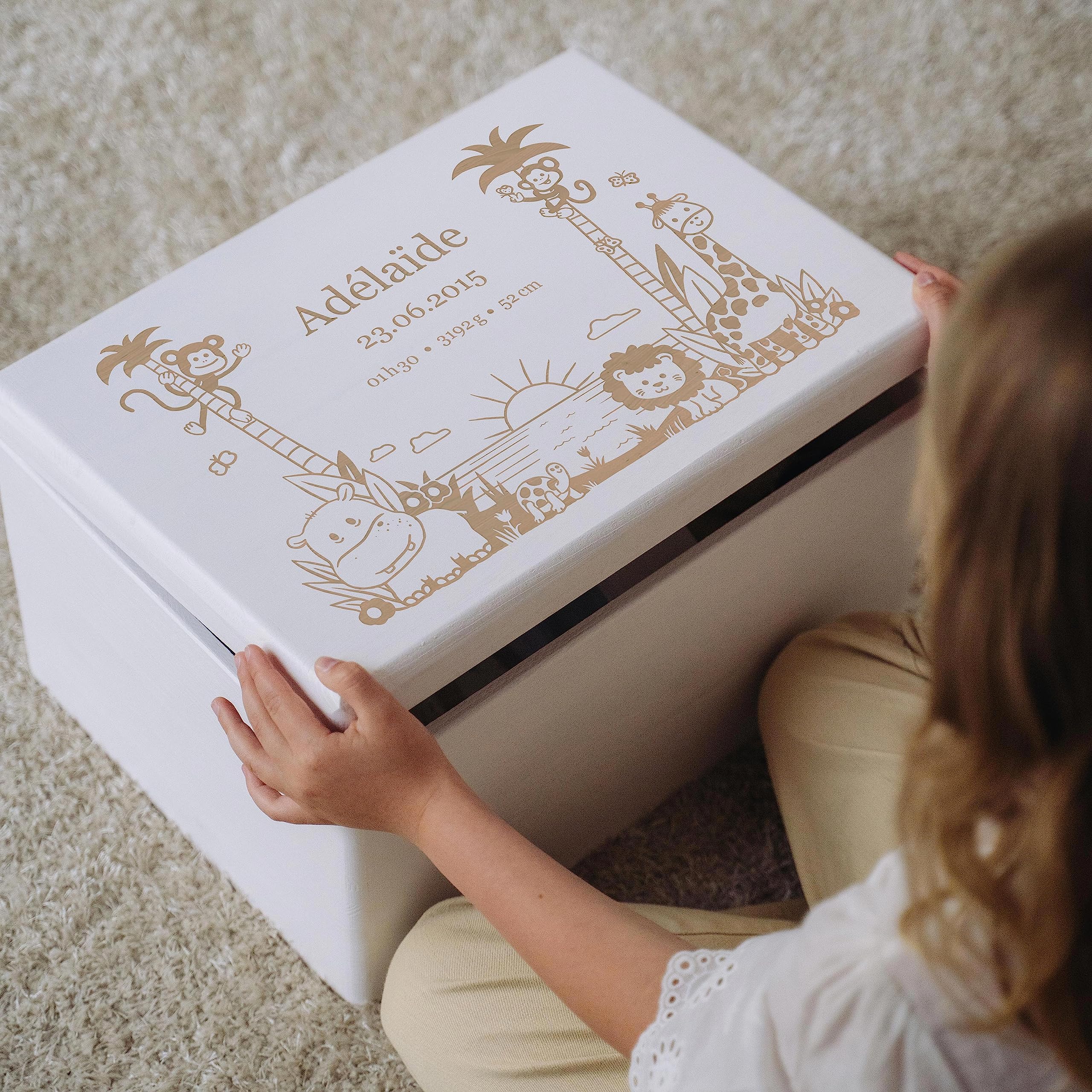 LAUBLUST Boîte à souvenir bébé - Jungle - Cadeau naissance personnalisable | Taille XL, env. 40x30x24cm, Blanc - Boîte décorative en bois avec couvercle, FSC®