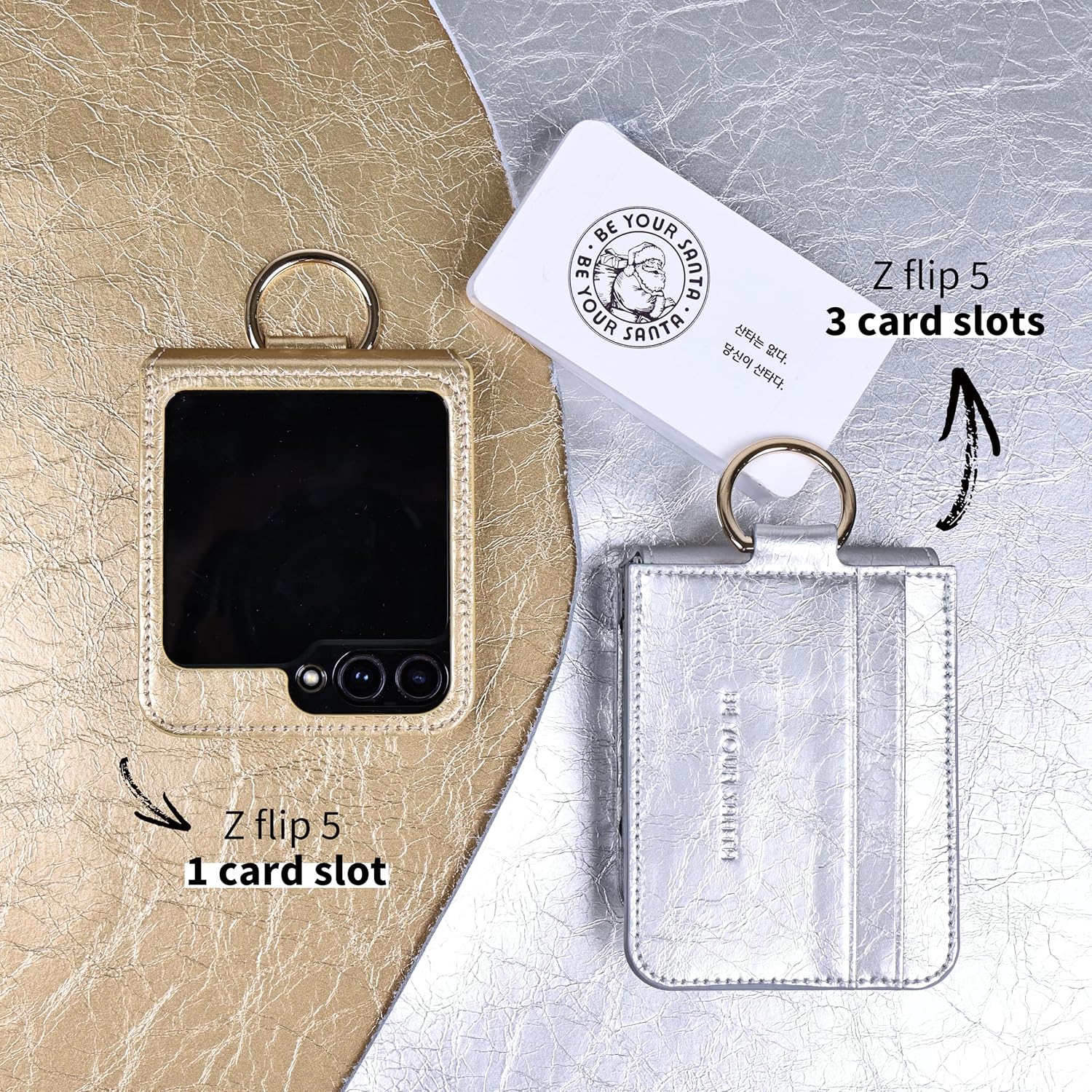 [BeYourSanta] Galaxy Z Flip 5 Case Mars Yard with Card Holder, Camera Cover, and Hinge Protection - Genuine Leather | Ring Holder (Fortuna Gold, Card Holder : 1 Slot)