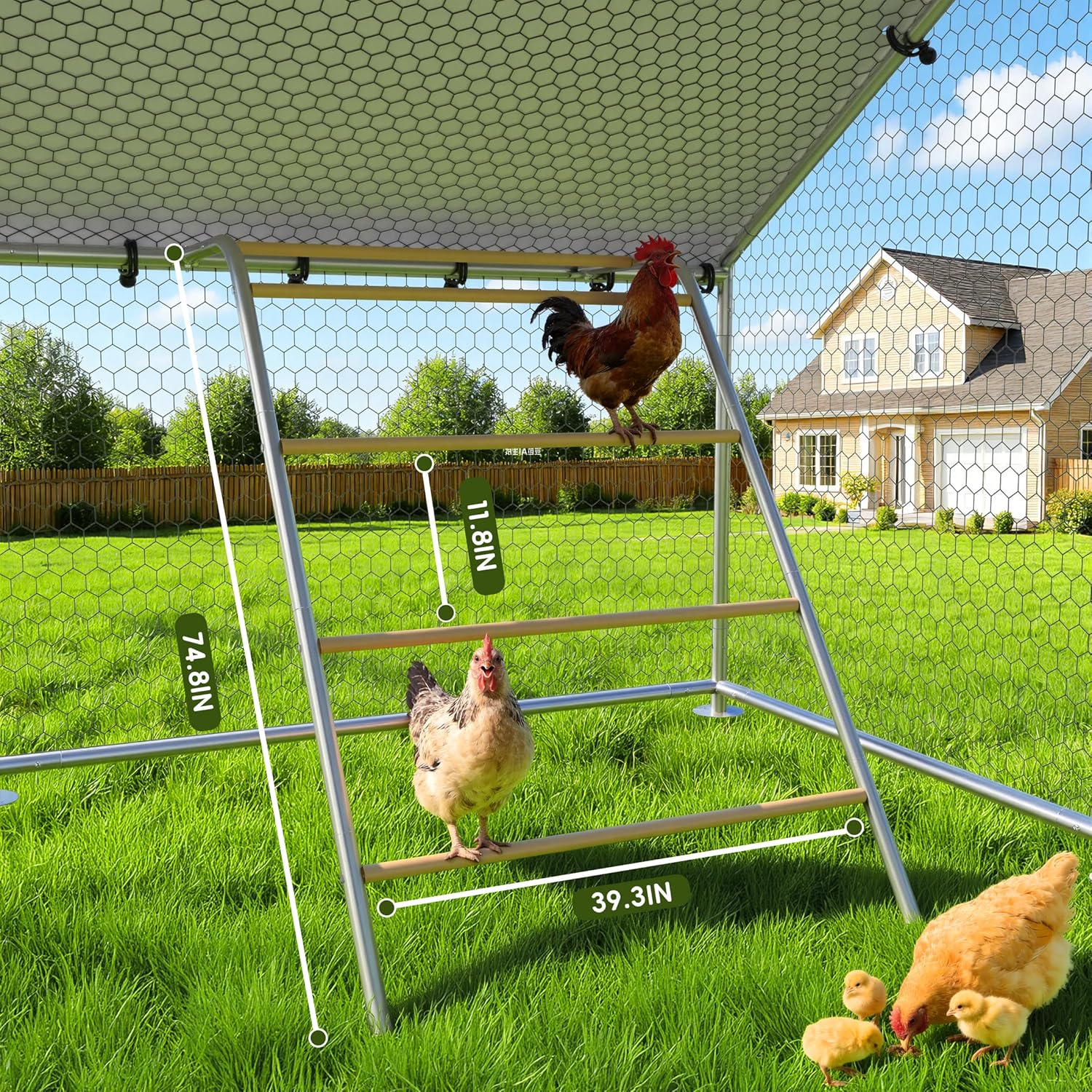 Large Metal Chicken Coop Run with Roosting Perch– Outdoor Waterproof & UV-Resistant Cover for Chickens, Ducks, Rabbits, and Hens in Yard or Farm Use Spire Roof(13.1'Wx26.2'Lx 6.5'H)