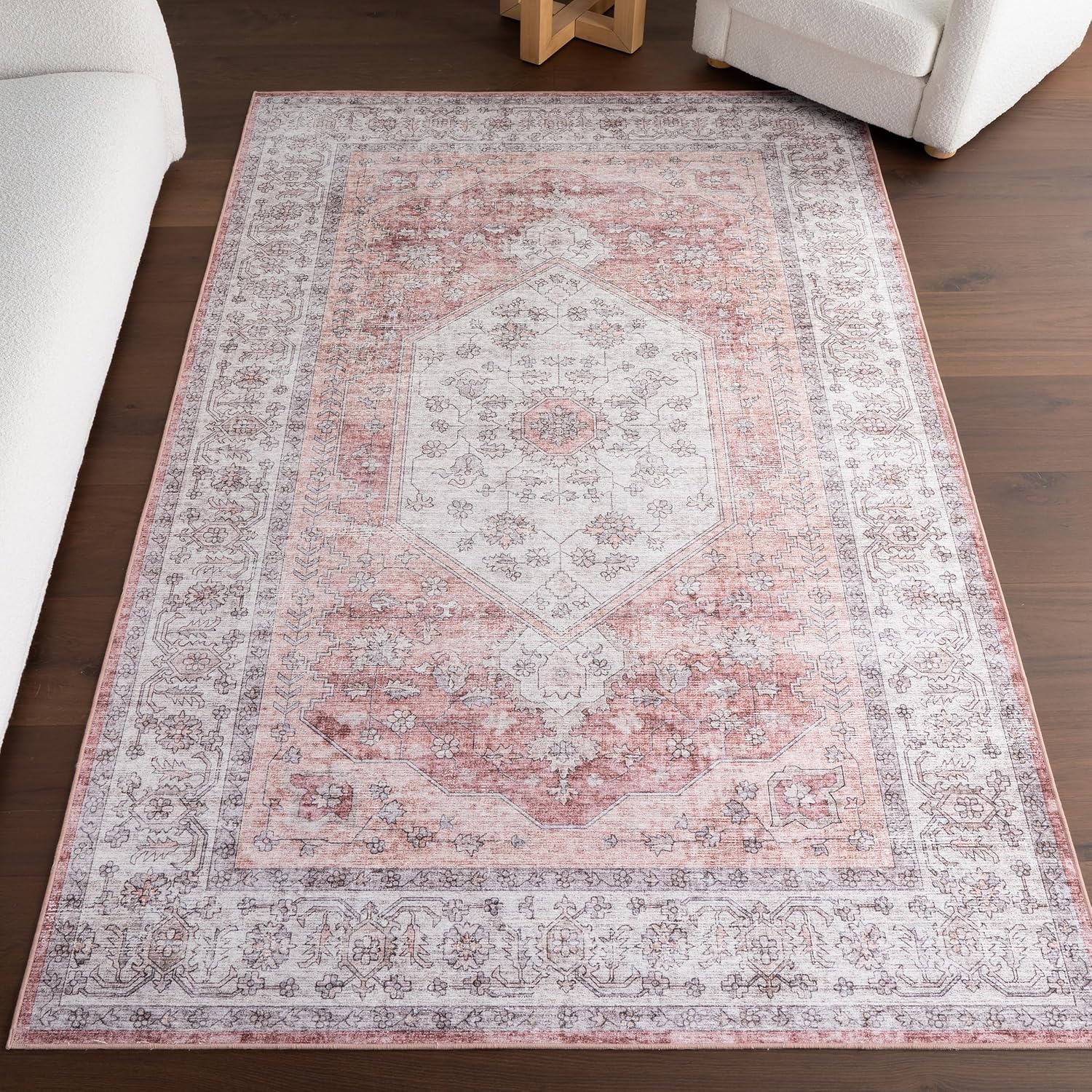 Nuloom Splashguard Prairie Ivory/Pink, 5' x 8', Vintage, Soft and Cozy, High Traffic, Stain Resistant, Easy Clean, Durable, Machine Washable Area Rug for Bedroom, Living Room, Dining, Den, Foyer