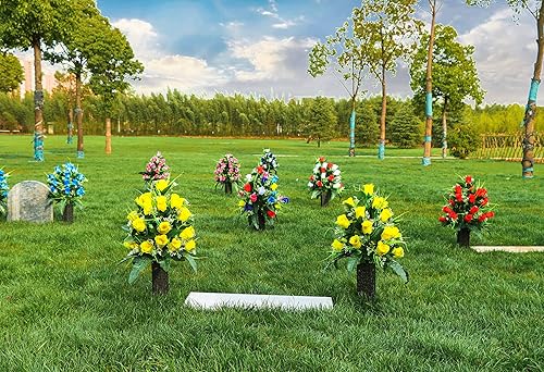 Miniatura 4 de 2 Sets Flores Artificiales para Cementerio, Decoraciones al Aire Libre para Tumbas con Rosas, Hermosos Arreglos Florales con Jarrón para Cementerio,