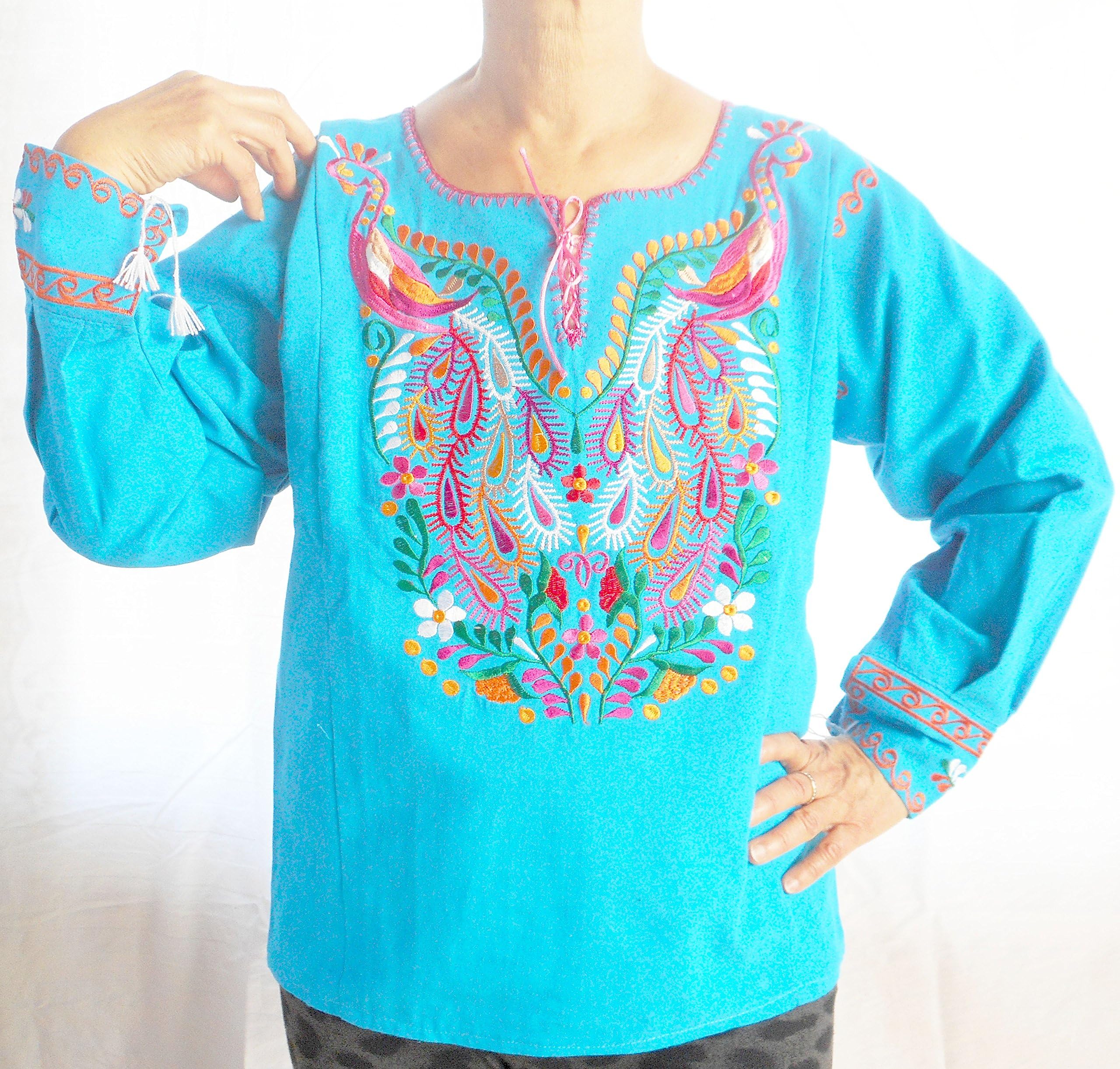 Cotton blue Mexican ethnic long sleeve embroidered with mult-color peacocks and flowers