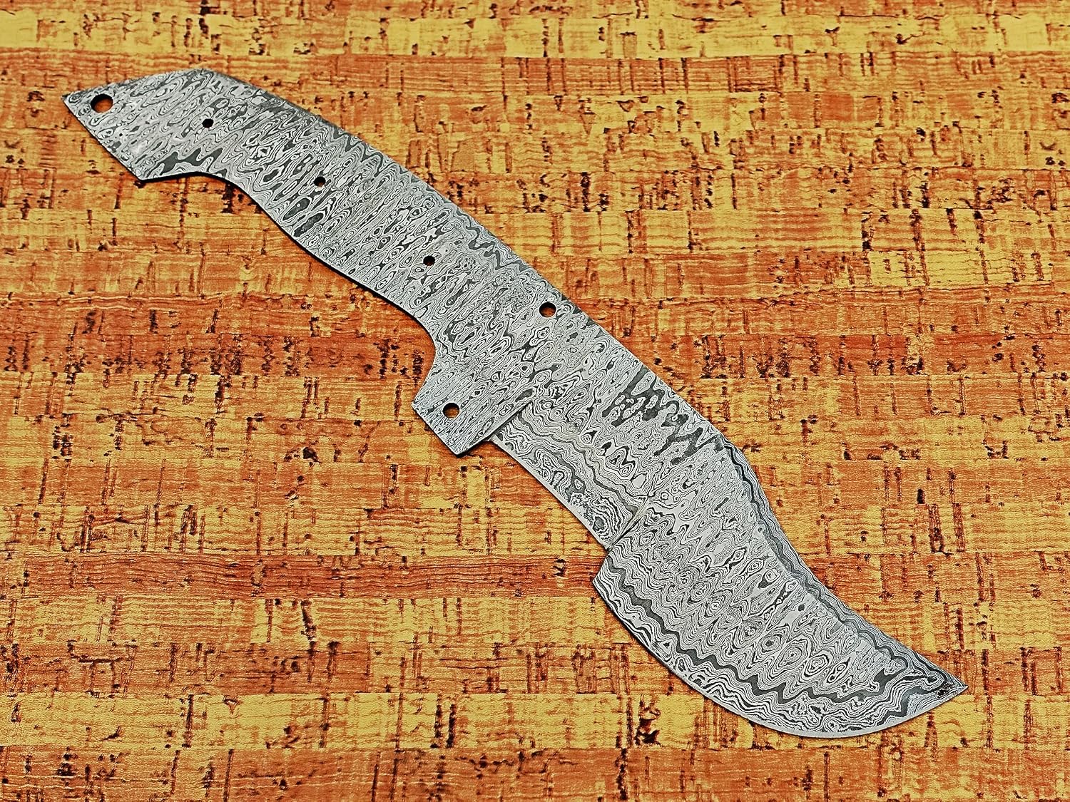 12" Ladder pattern Damascus steel tracker knife blank blade, Trailing point custom made blade, up to 6 inches long big hand scale space, 5.5 inches cutting edge