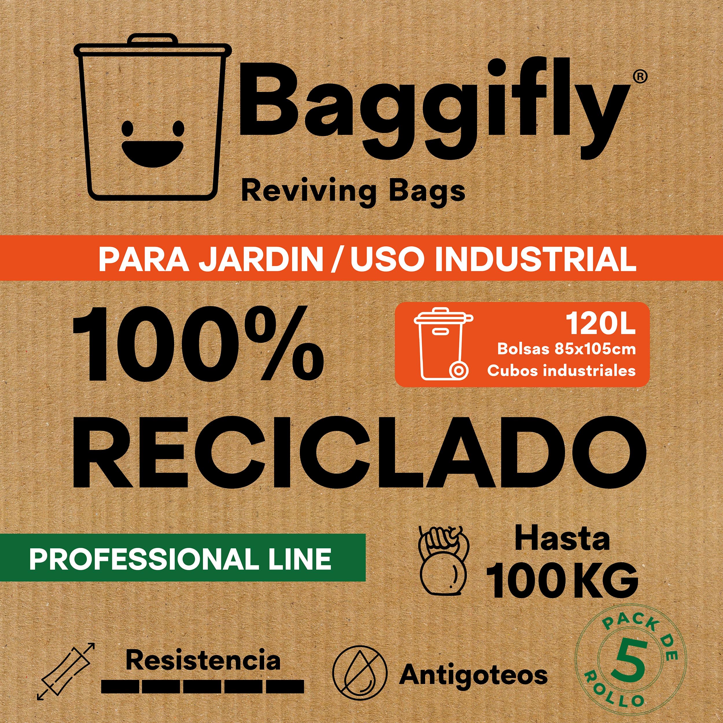 Baggifly worek na śmieci 120L - 5 rolek po 10 torebek - 100% materiał z recyklingu - wymiary 85 x 105 cm - Idealny do hotelarstwa i zastosowań przemysłowych - Super wytrzymałe torby
