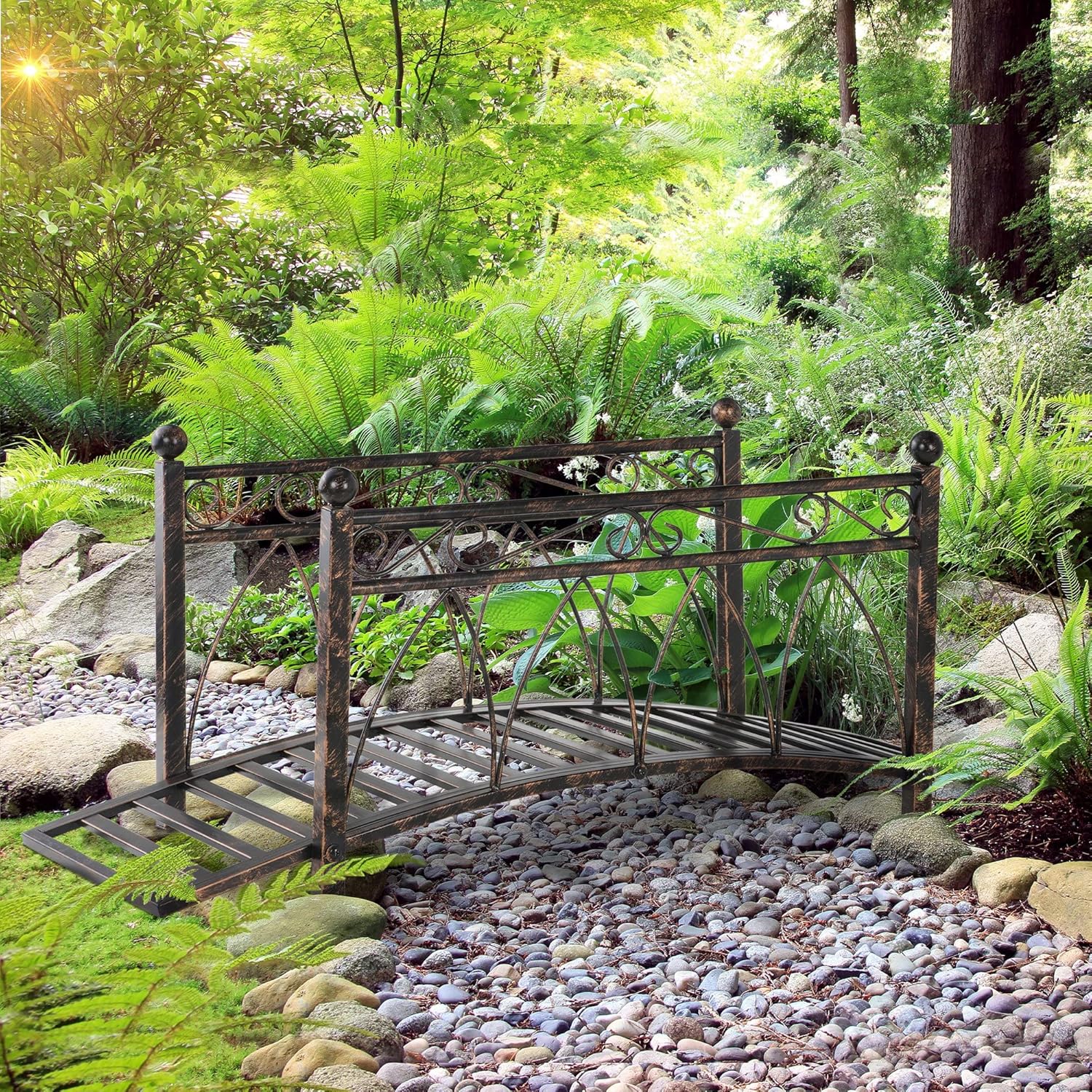 3.3FT Metal Garden Bridge with Safety Handrails Decorative Arch Footbridge for Pond Stream or Pathway Rustic Bronze Outdoor Accent with Scrollwork & Corner Spheres