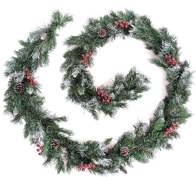Best Artificial Deluxe Frosted Christmas Garland with Pine Cones & Winter Red Berries (12ft Garland)