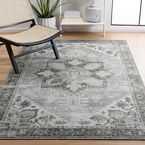 SAFAVIEH Alfombra lavable Tucson Collection - 4 x 6 pies, salvia oscura y marfil, antideslizante, ideal para zonas de alto tráfico en vestíbulo,