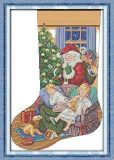 CaptainCrafts Cross Stitch Kits Christmas Stocking Stamped Cross Stitch Printed Fabric Cross Stitching DIY Needlecrafts Embroidery Kit for Adults Beginner (Stamped 14CT, Santa Claus Deliver Presents)