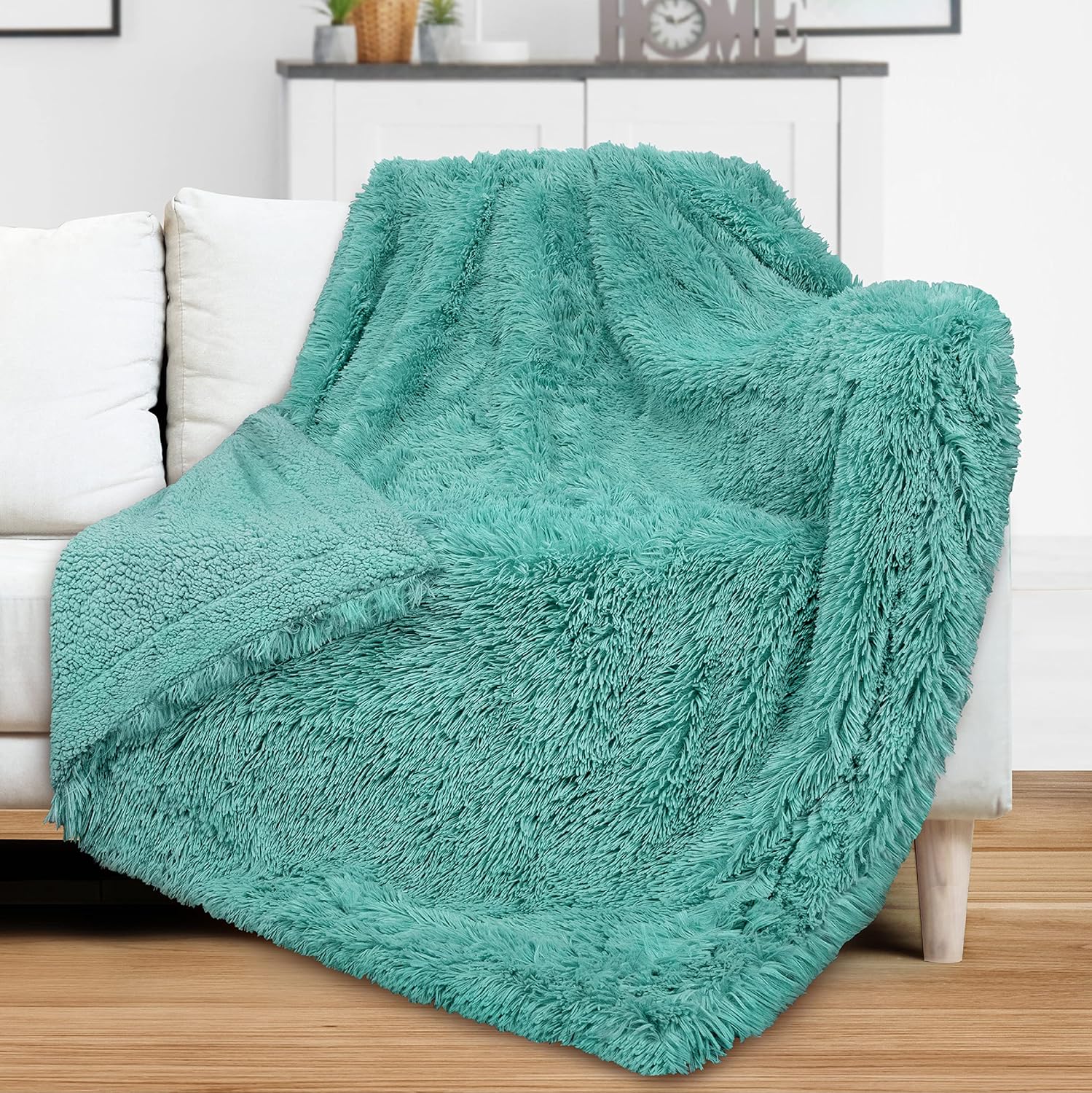 PAVILIA Soft Fluffy Faux Fur Throw Blanket, Teal Green