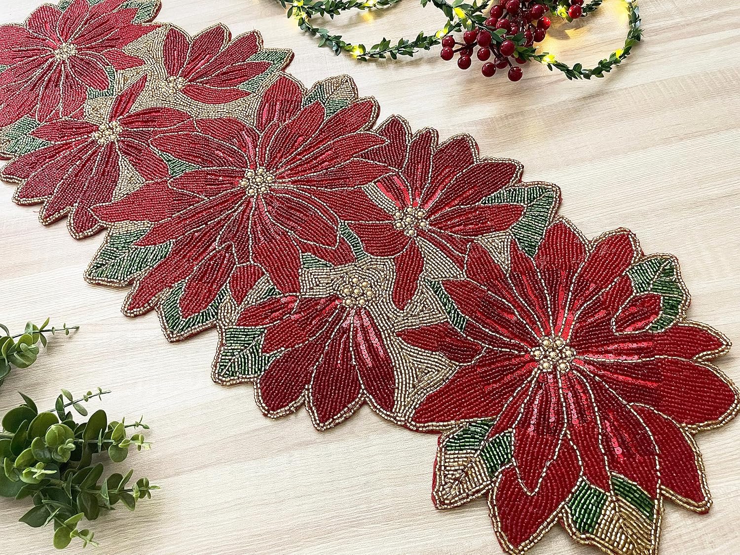 Enliven Christmas Handmade Table Runner, Poinsettia Beaded Table Runner, 13x36inch