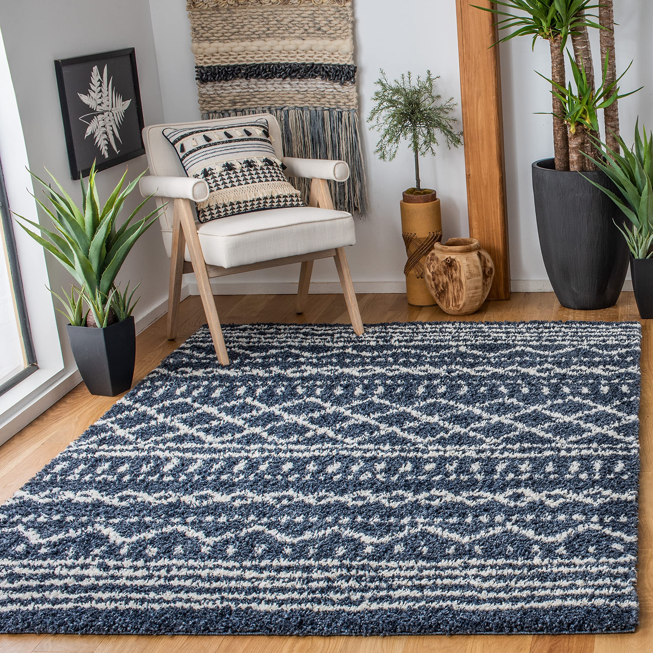 SAFAVIEH Arizona Shag Collection Area Rug - 5'1" x 7'6", Slate Blue & Ivory, Moroccan Boho Design, Non-Shedding & Easy to Clean, Ideal for Living Room