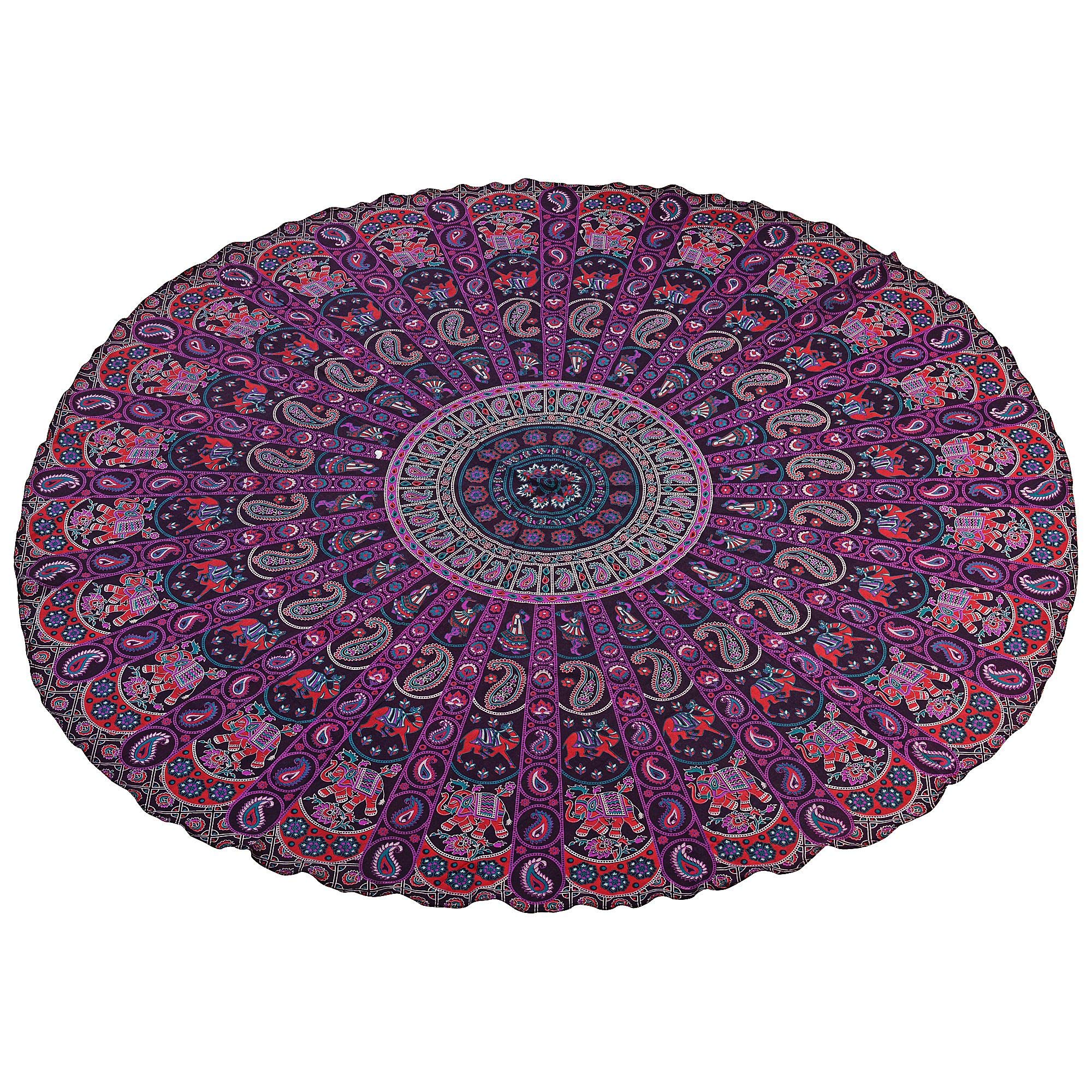 Stylo CultureRound Mandala Tapestry Throw Purple Printed Beach Yoga Picnic Rug Tablecloth Meditation Mat Cotton Paisley Elephant 72 Inches Mandala Throw
