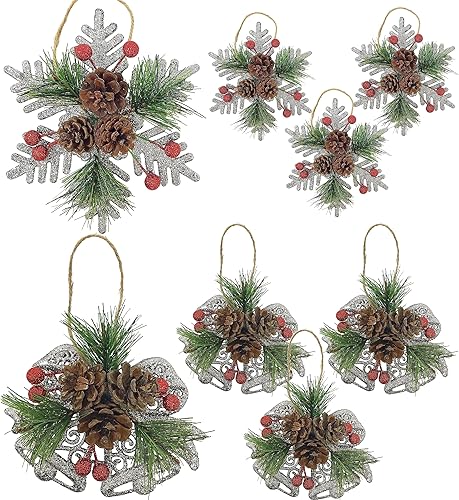 Miniatura 10 de Adornos de Navidad plateados con purpurina, aproximadamente 5 pulgadas de ancho, bayas de piñas y ramas de pino, juego de 4 decoraciones de Navidad,