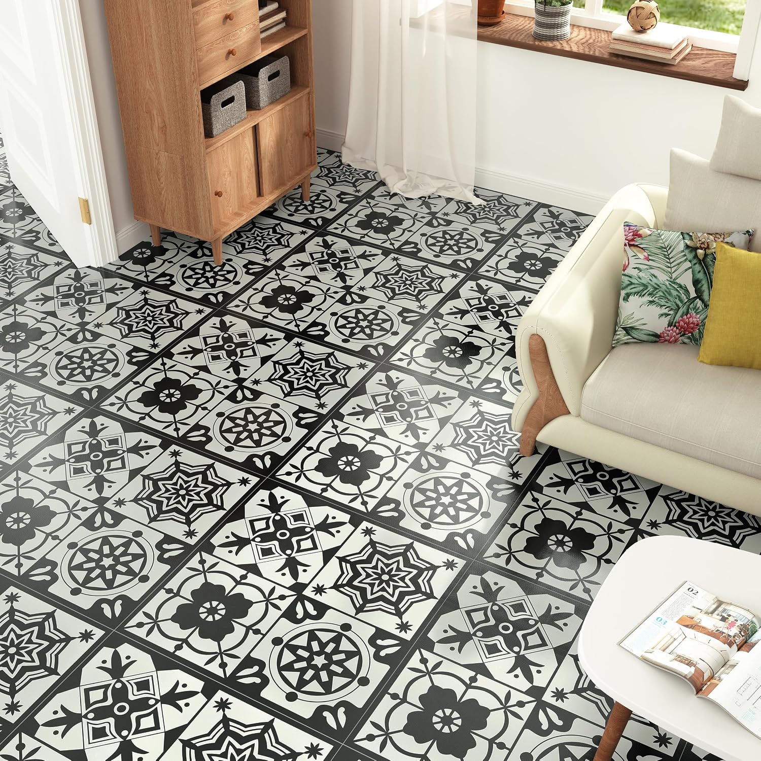 12"x12" Black Floral Peel and Stick Floor Tile Bathroom Waterproof Flooring Tiles Self Adhesive Removable Vintage Vinyl Stick on Floor Tiles for Kitchen Bedroom Living Room 5 PCS