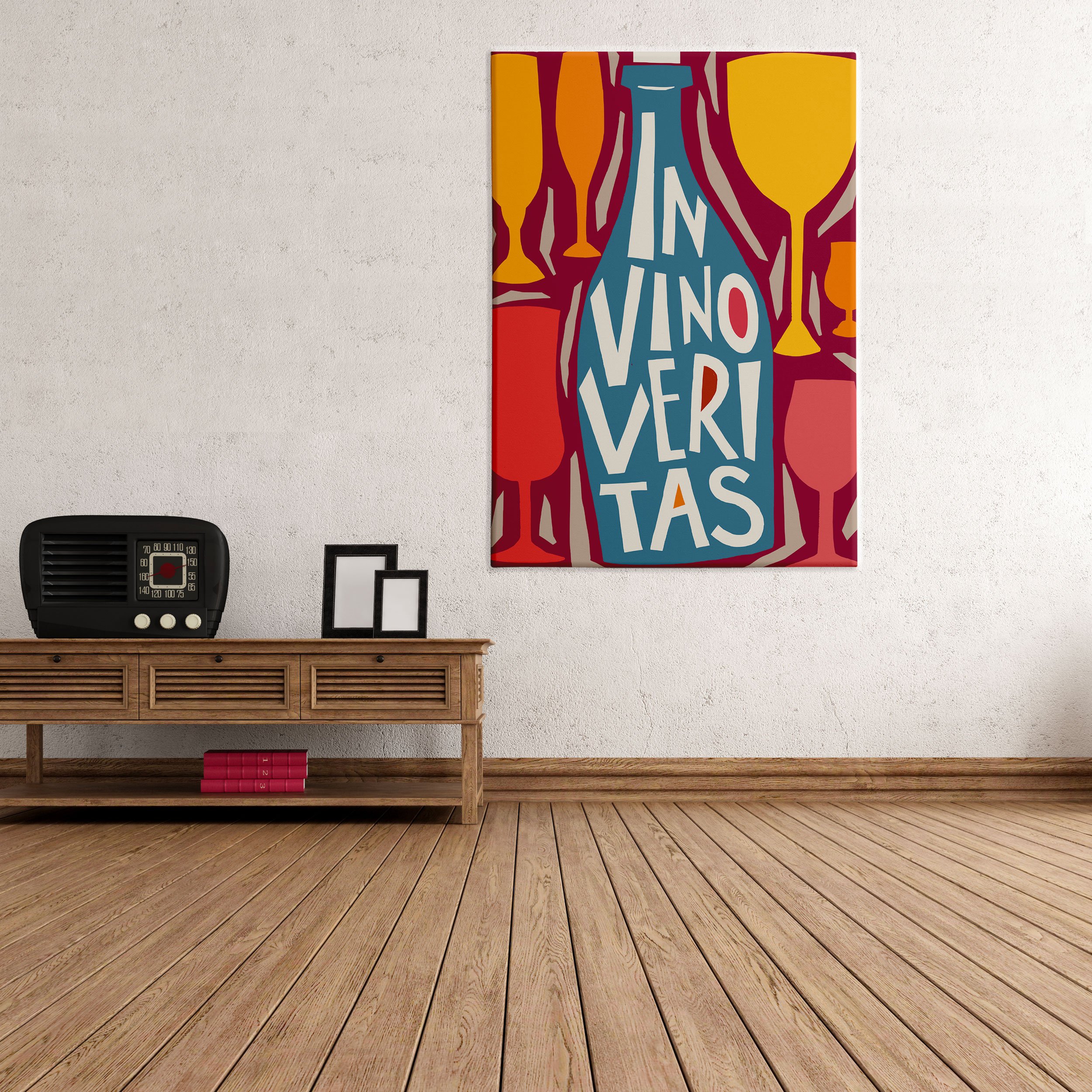 QUADRO SU TELA CANVAS - INTELAIATO - PRONTO DA APPENDERE - In Vino Veritas - Enoteca Vino - Illustrazione Cubista - 50x70cm - Senza Cornice - (cod.3037)