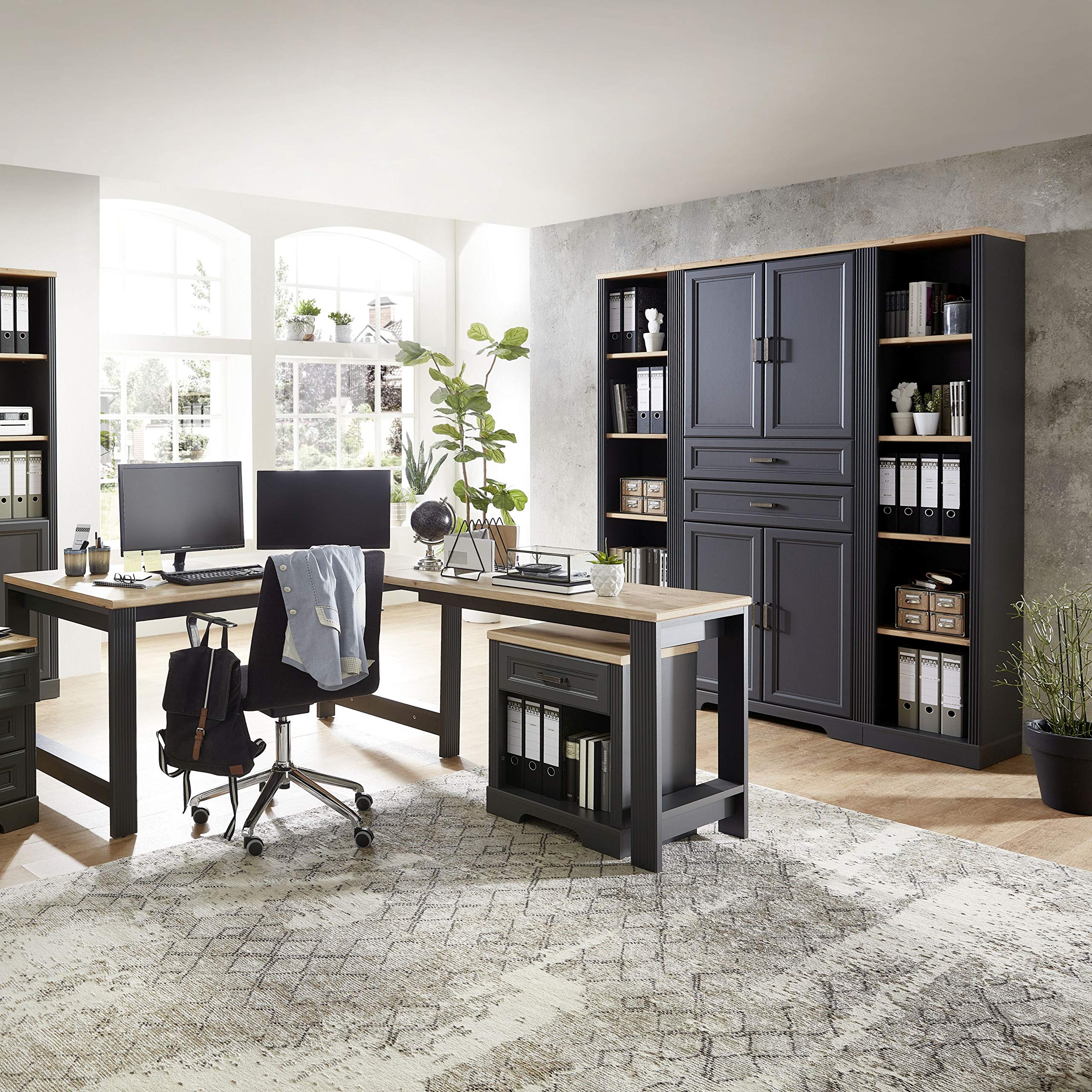 Stella Trading JASMIN Büroschrank in Graphit, Artisan Eiche Optik - Aktenschrank mit Schubladen und Türen - Landhausstil Büromöbel Komplettset - 86 x 204 x 38 cm (B/H/T)