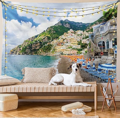 Miniatura 9 de Lunarable Tapiz de la costa de Amalfi, tumbonas y sombrillas en la playa, casas de pueblo antiguo Positano on Campania, Italia, decoración de tela