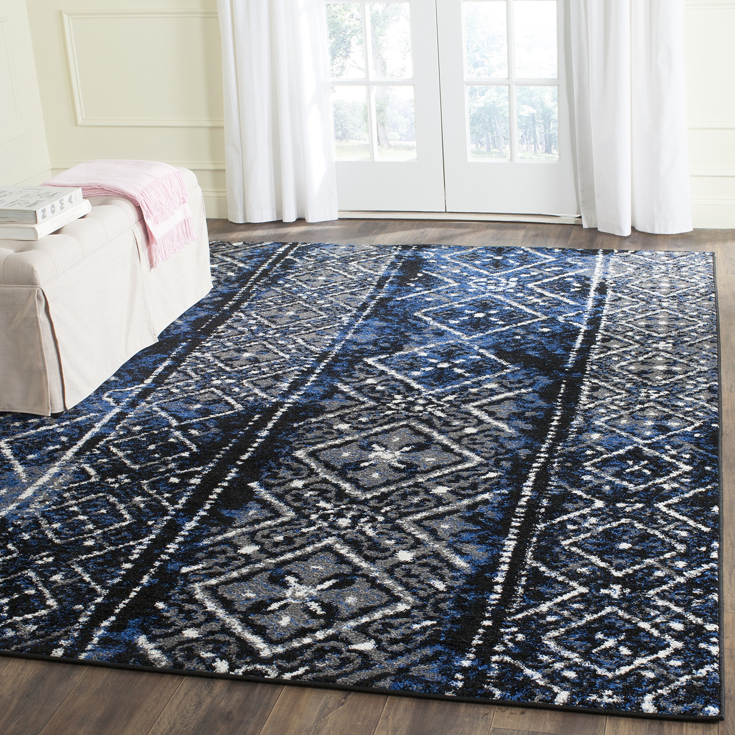 SAFAVIEH Area Rug 8x10 - Adirondack Collection - Large - Blue & Black, Moroccan Boho Design, Non-Shedding & Easy Cleaning, Ideal for Living Room,